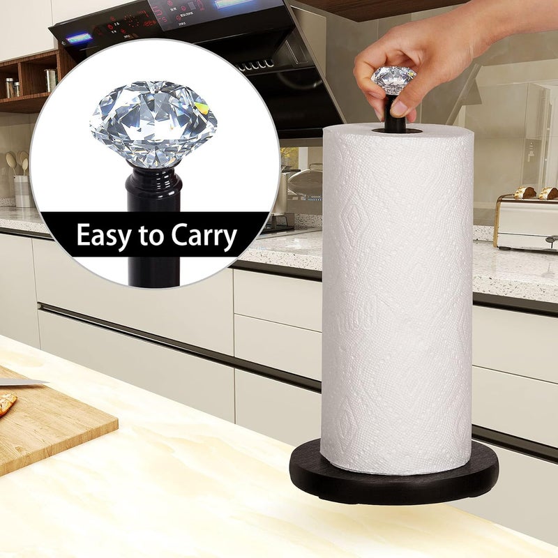 OBODING Paper Towel Holder Countertop, , Crystal Paper Towel Stand Holder, Black Solid Wood Weighted Paper Towel Holders for Standard and Large Size Rolls (Black) - Image 4